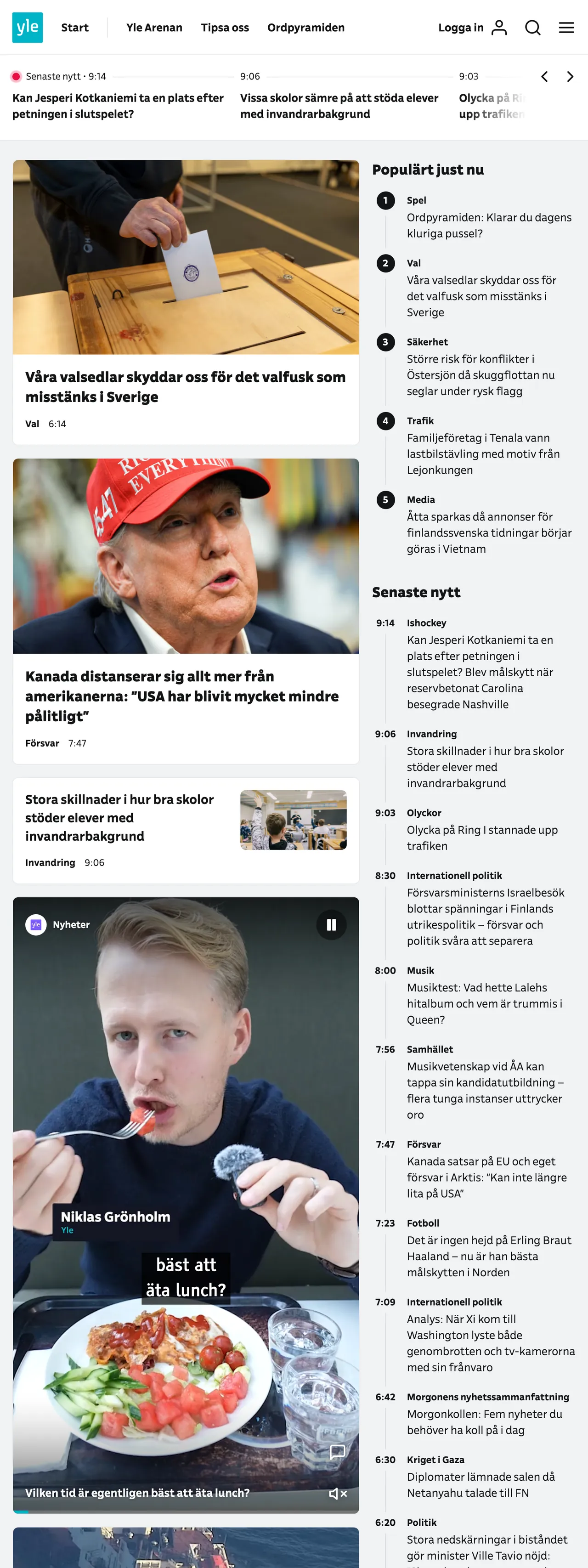 Screenshot of the Svenska Yle front page