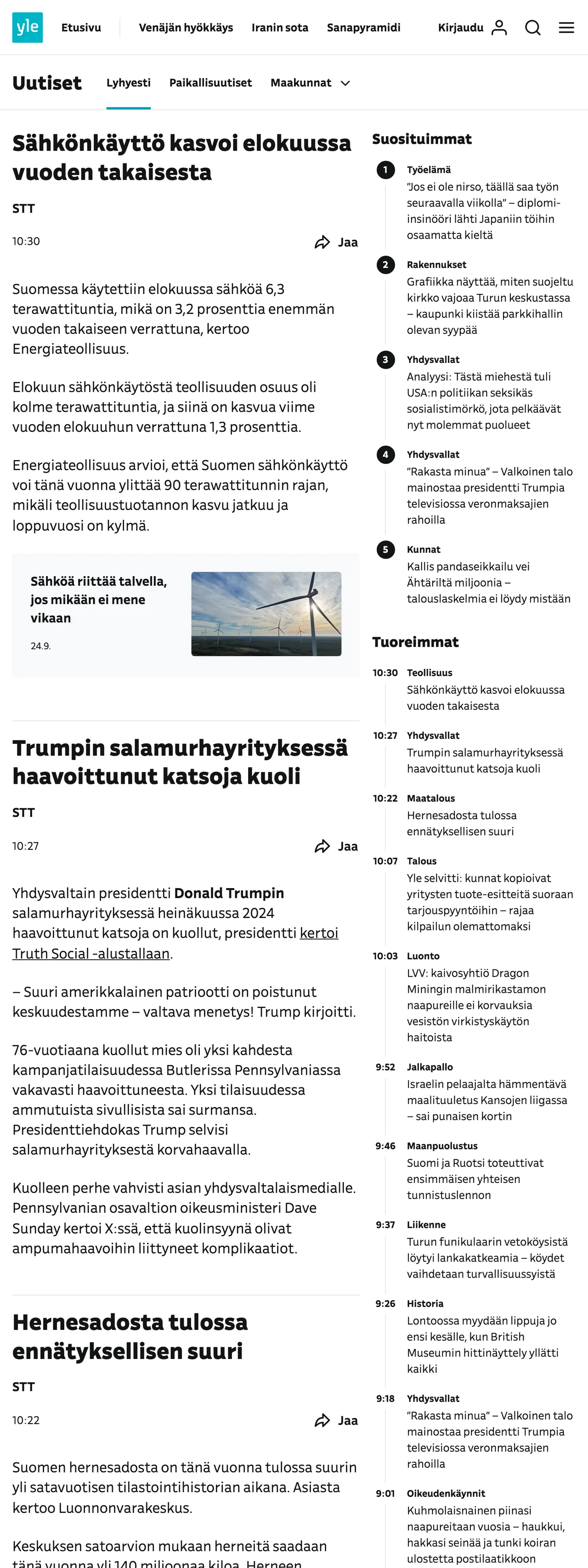 Screenshot of the Yle front page