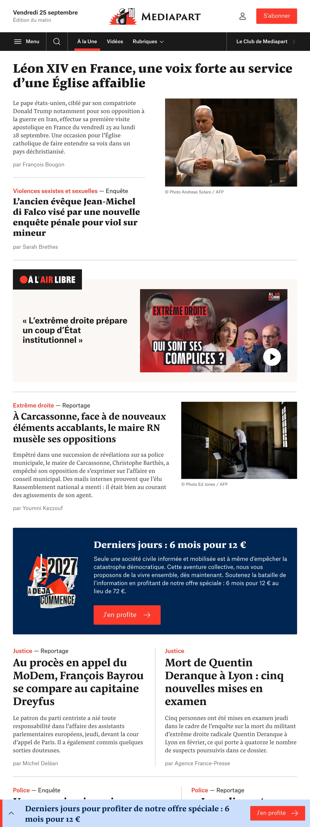 Screenshot of the Mediapart front page