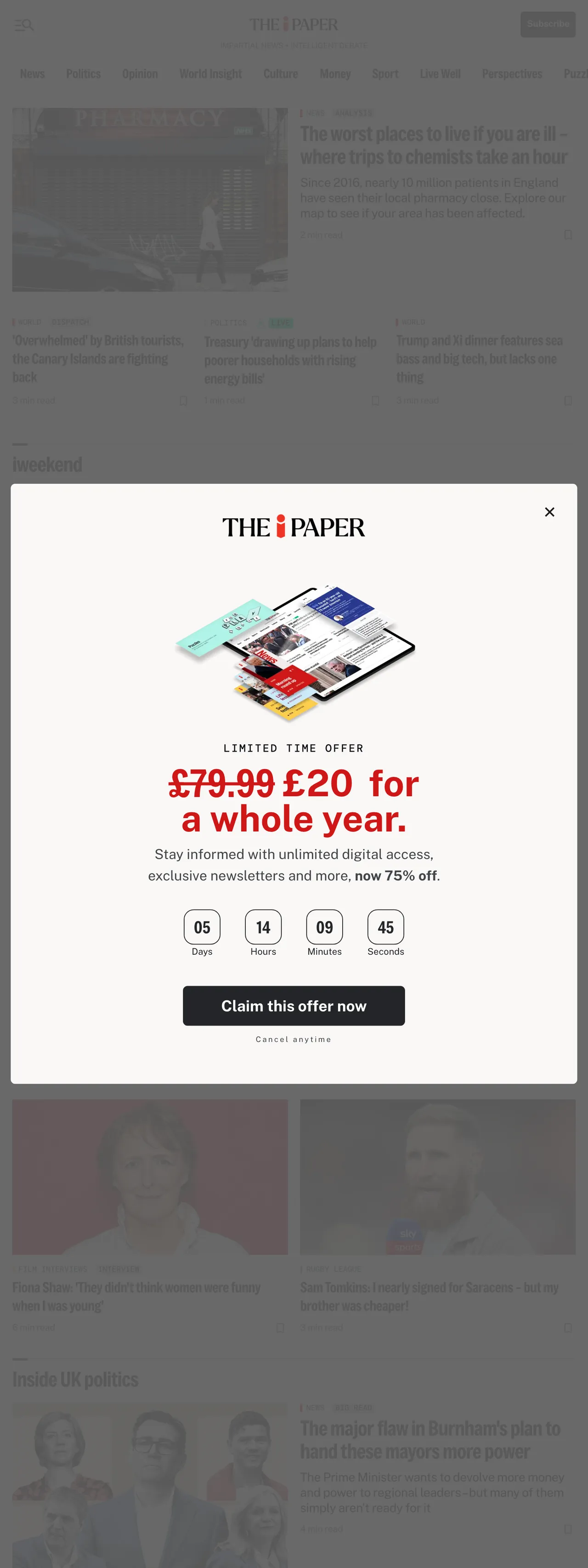 Screenshot of the The i Paper front page