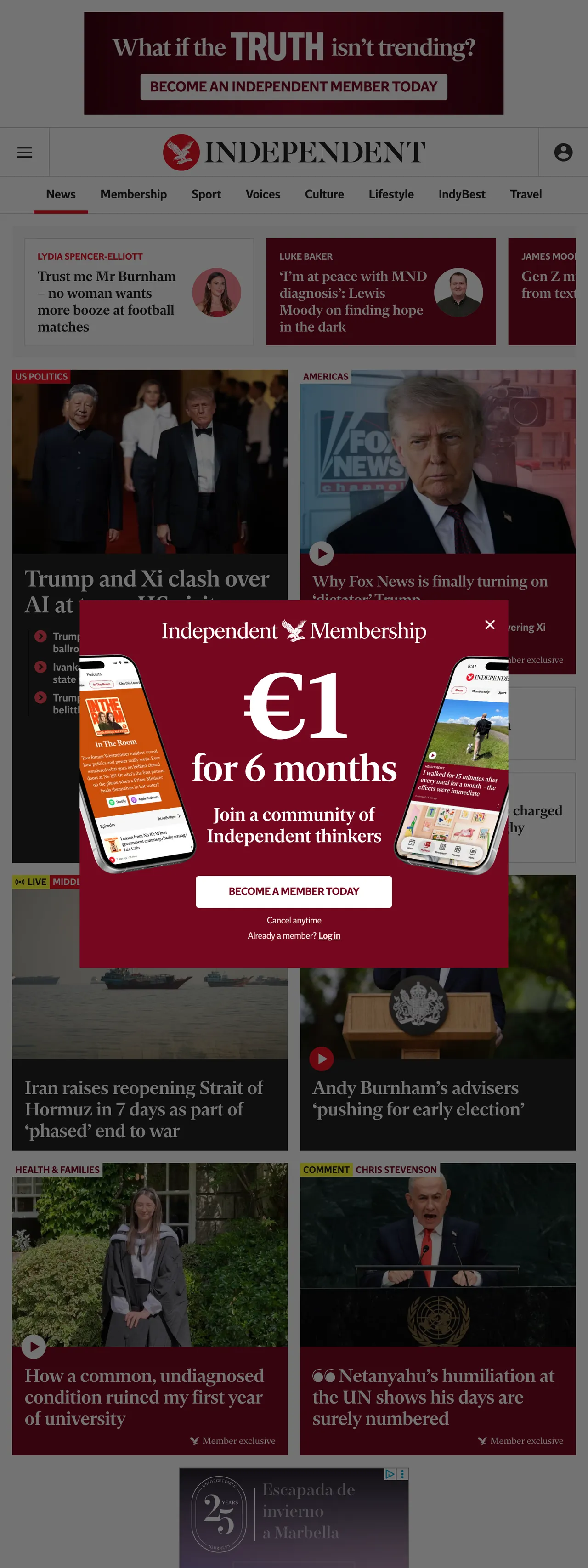 Screenshot of the The Independent front page