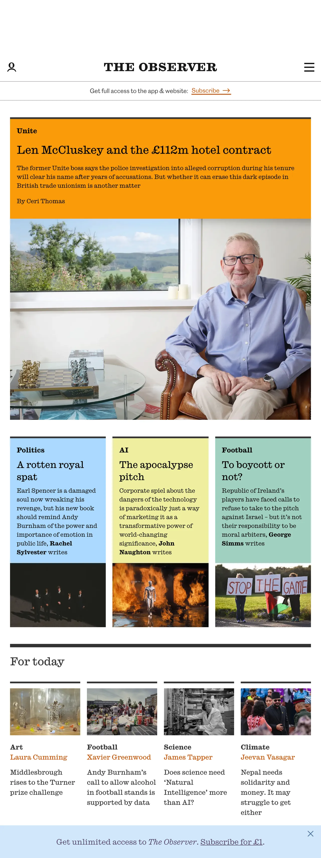 Screenshot of the The Observer front page