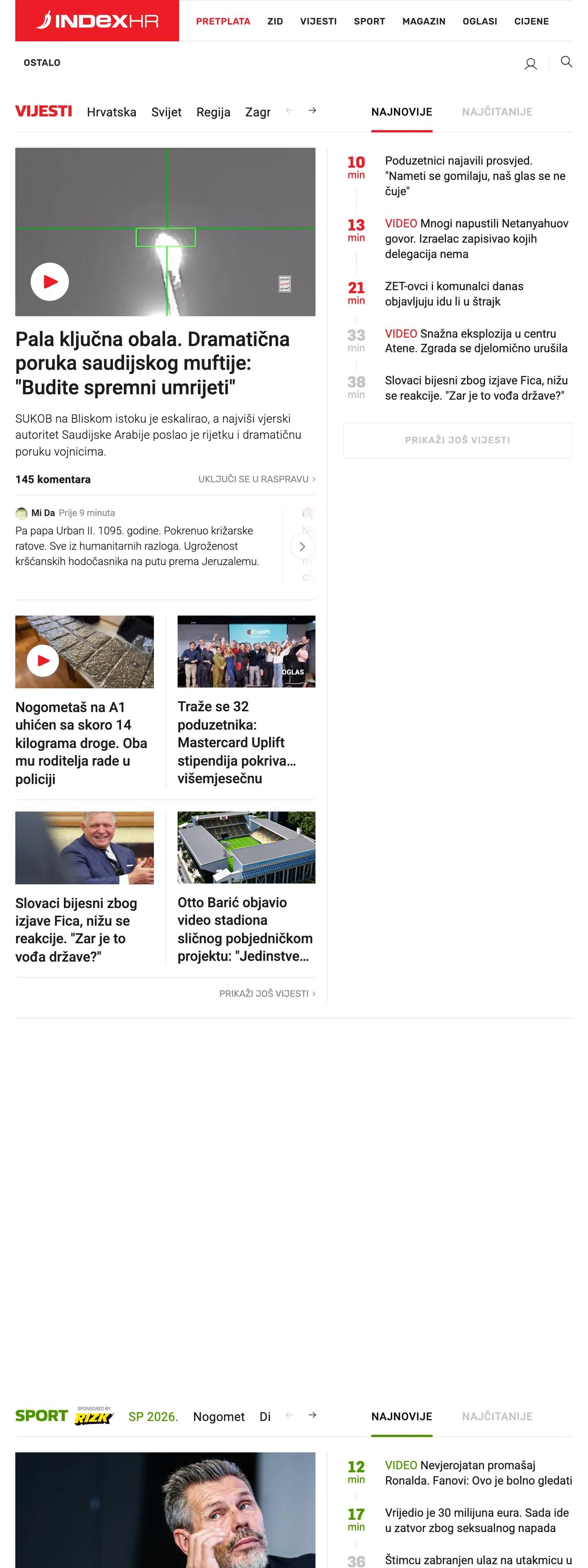 Screenshot of the Index.hr front page