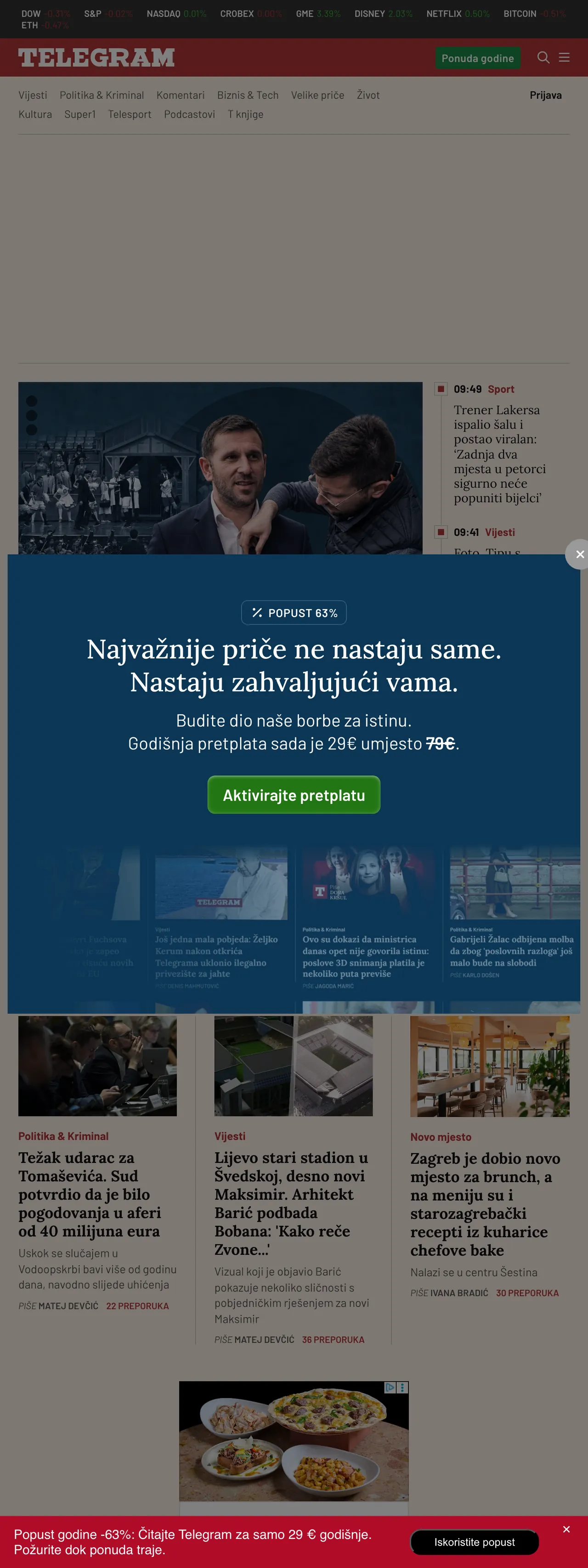 Screenshot of the Telegram.hr front page
