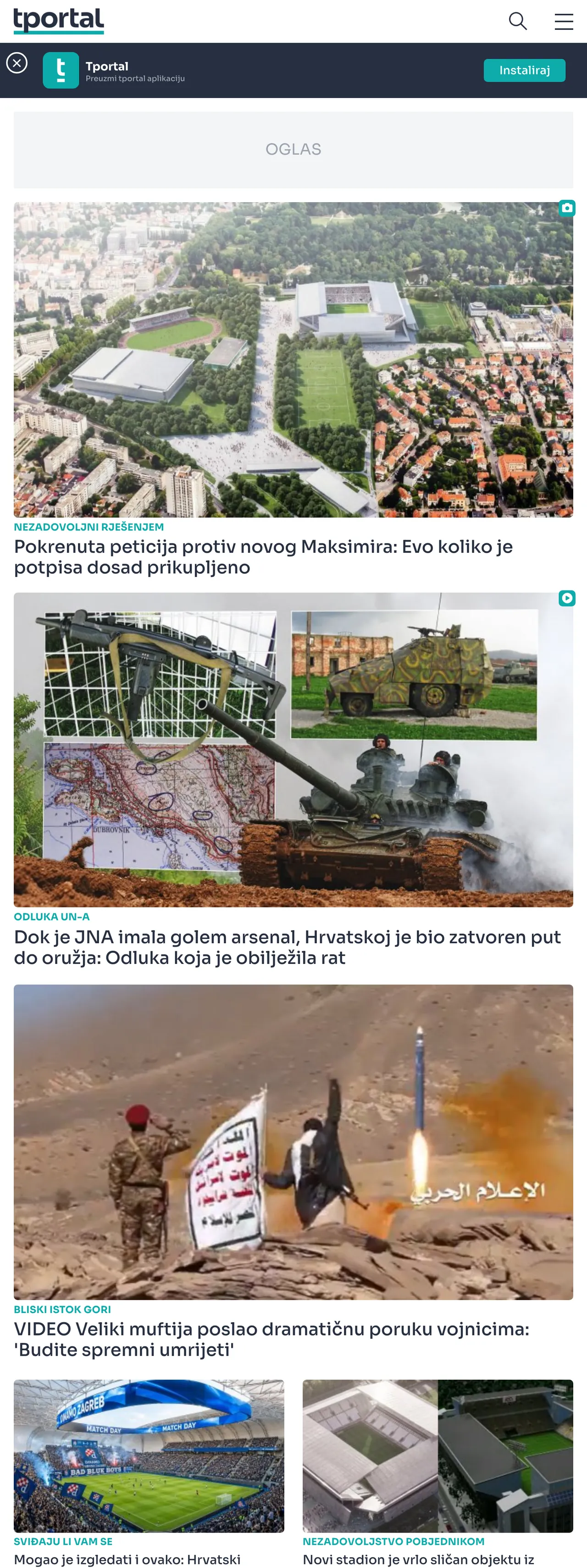 Screenshot of the tportal front page