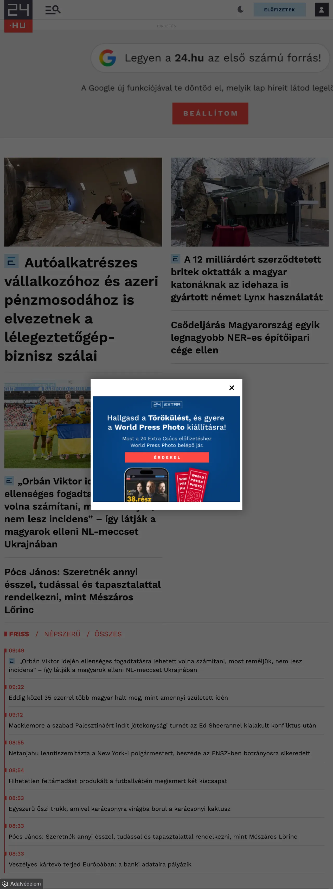 Screenshot of the 24.hu front page