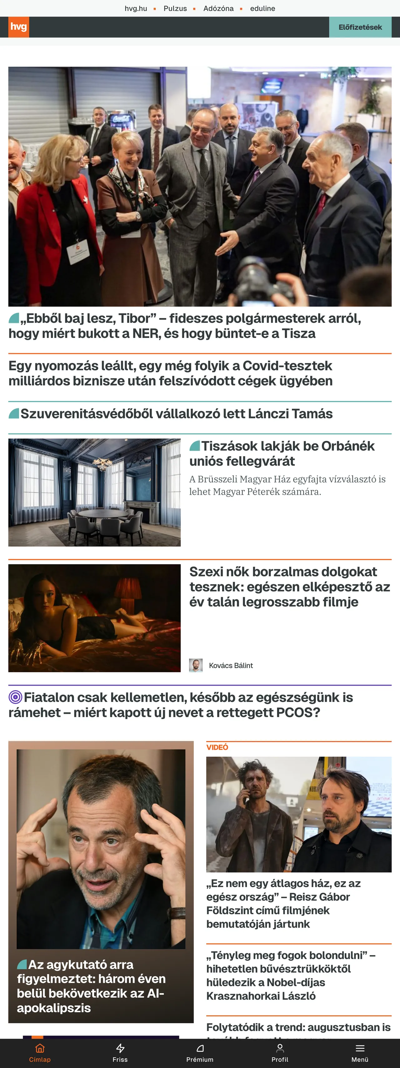 Screenshot of the HVG front page