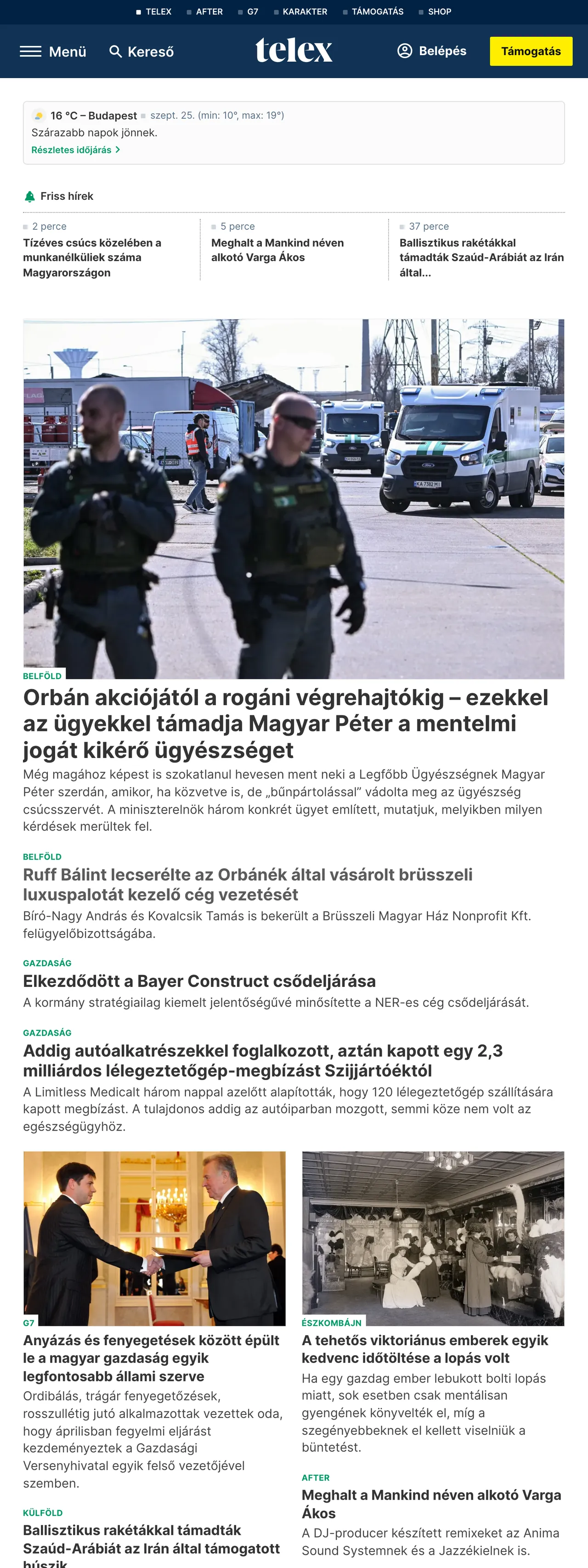 Screenshot of the Telex front page