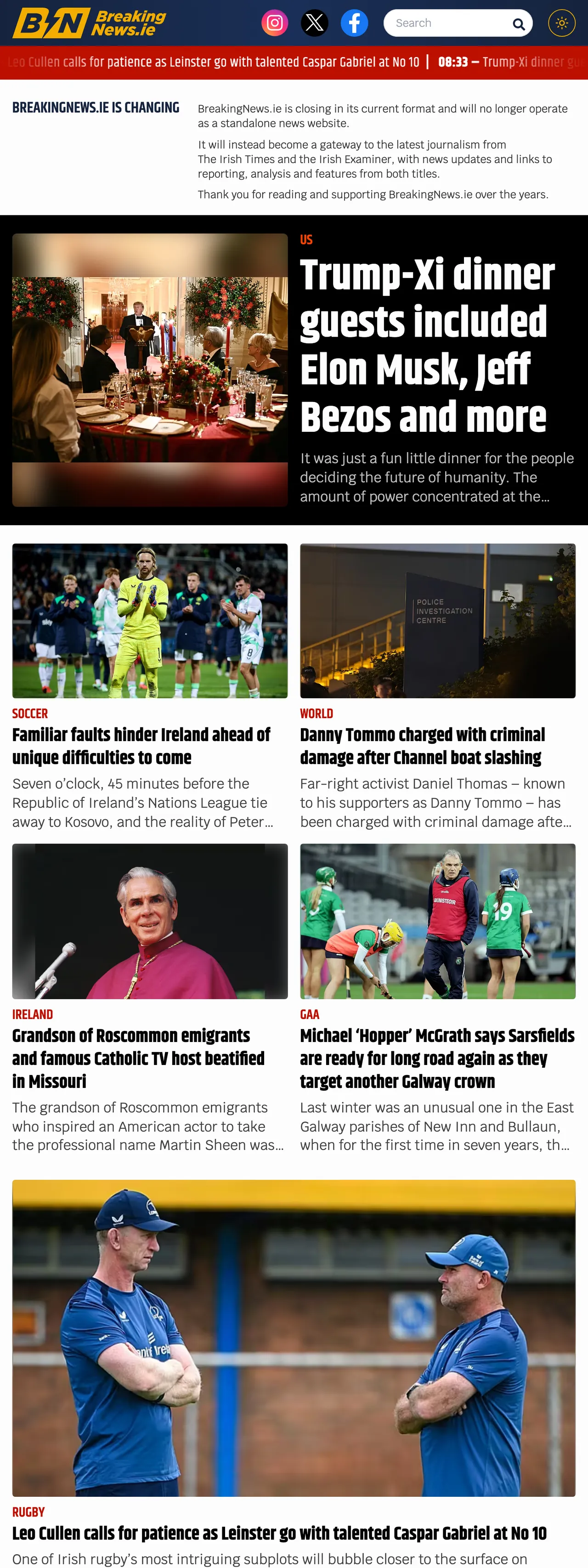Screenshot of the BreakingNews.ie front page
