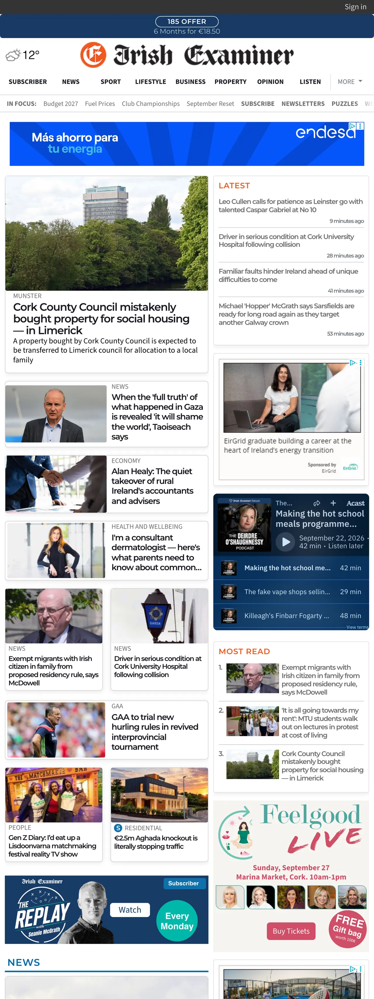 Screenshot of the Irish Examiner front page