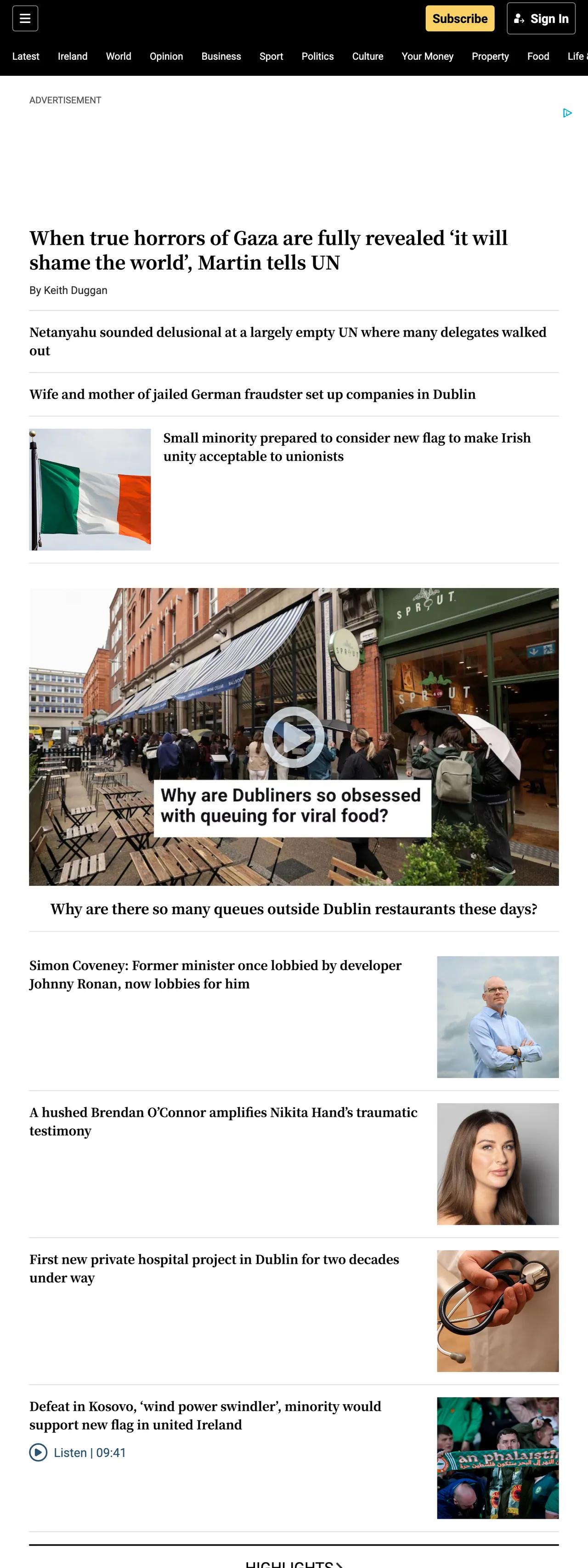 Screenshot of the The Irish Times front page