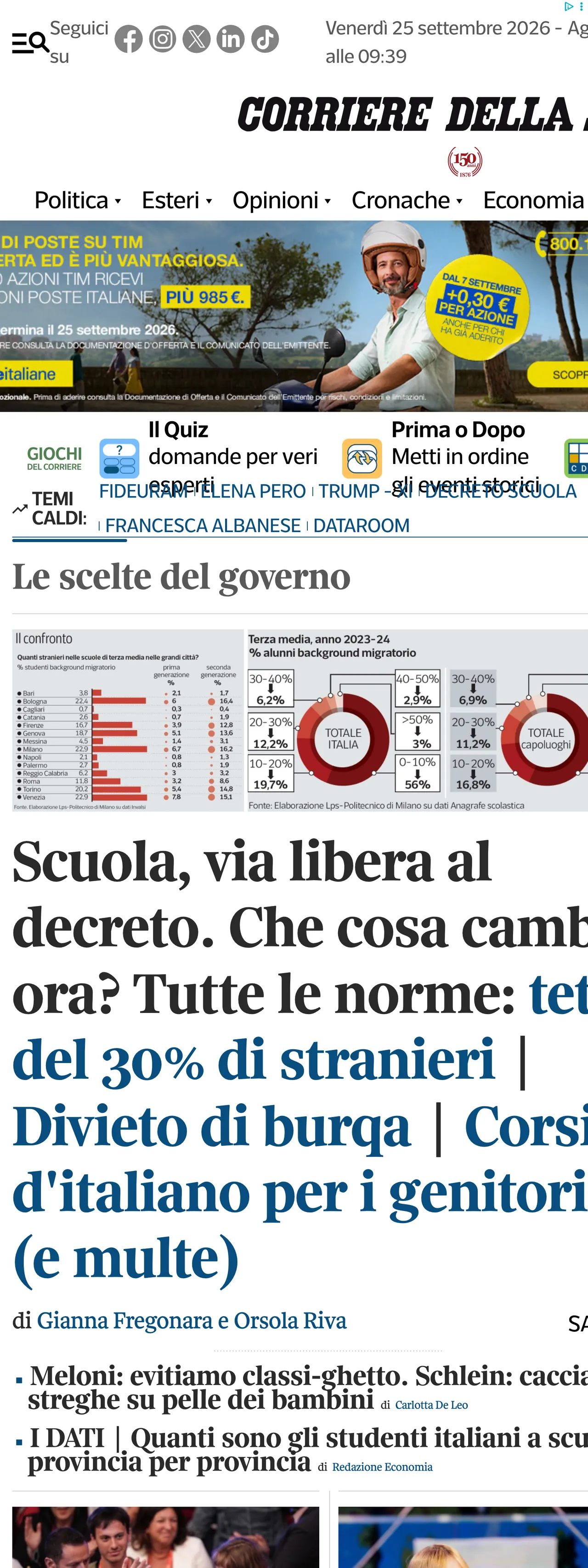 Screenshot of the Corriere della Sera front page
