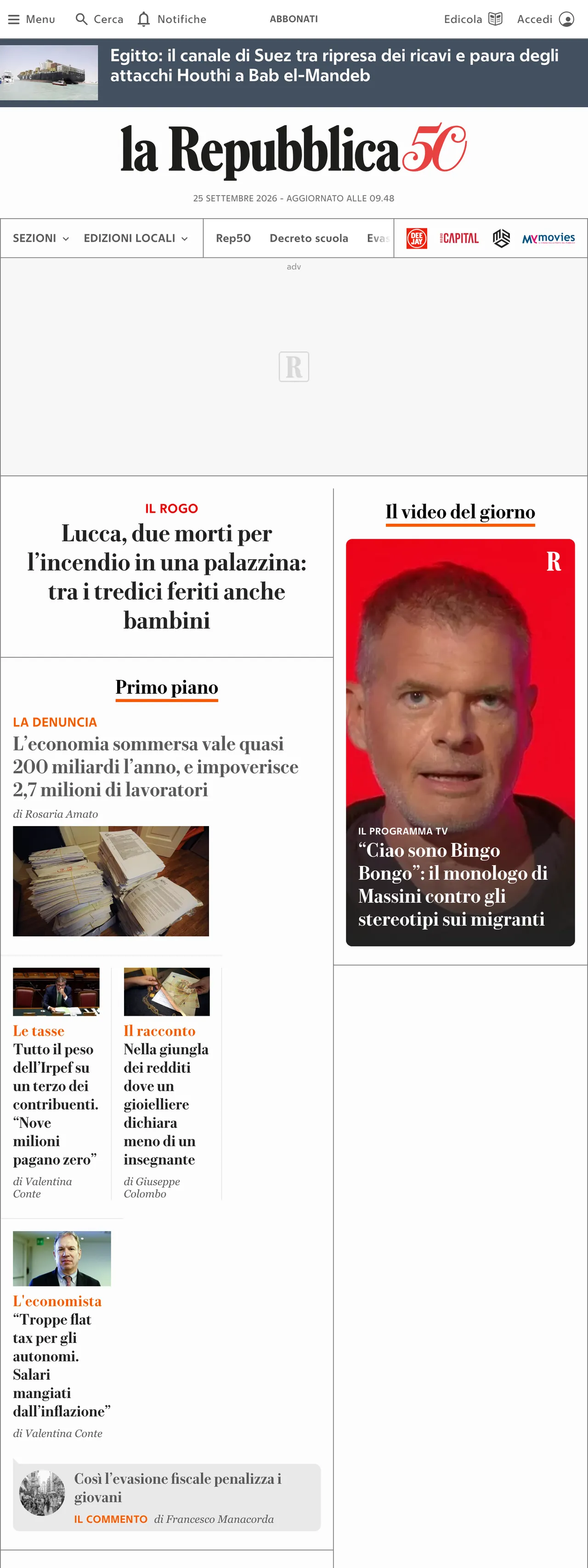 Screenshot of the la Repubblica front page