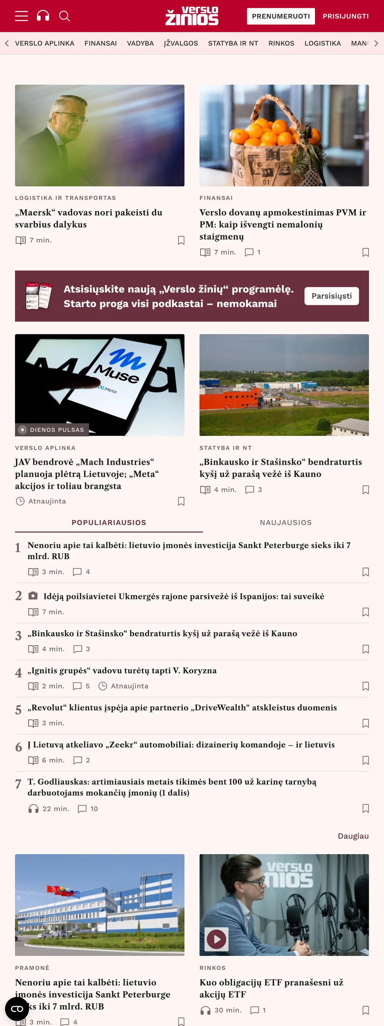 Screenshot of the Verslo žinios front page