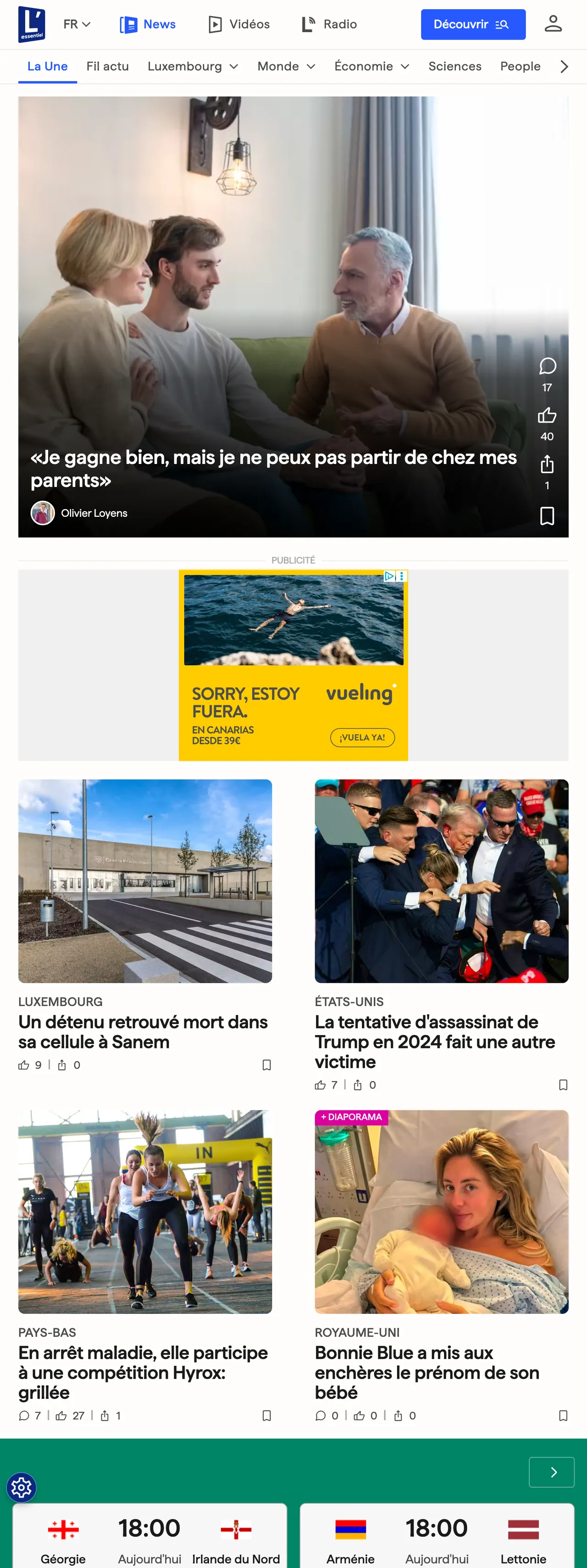 Screenshot of the L'essentiel front page