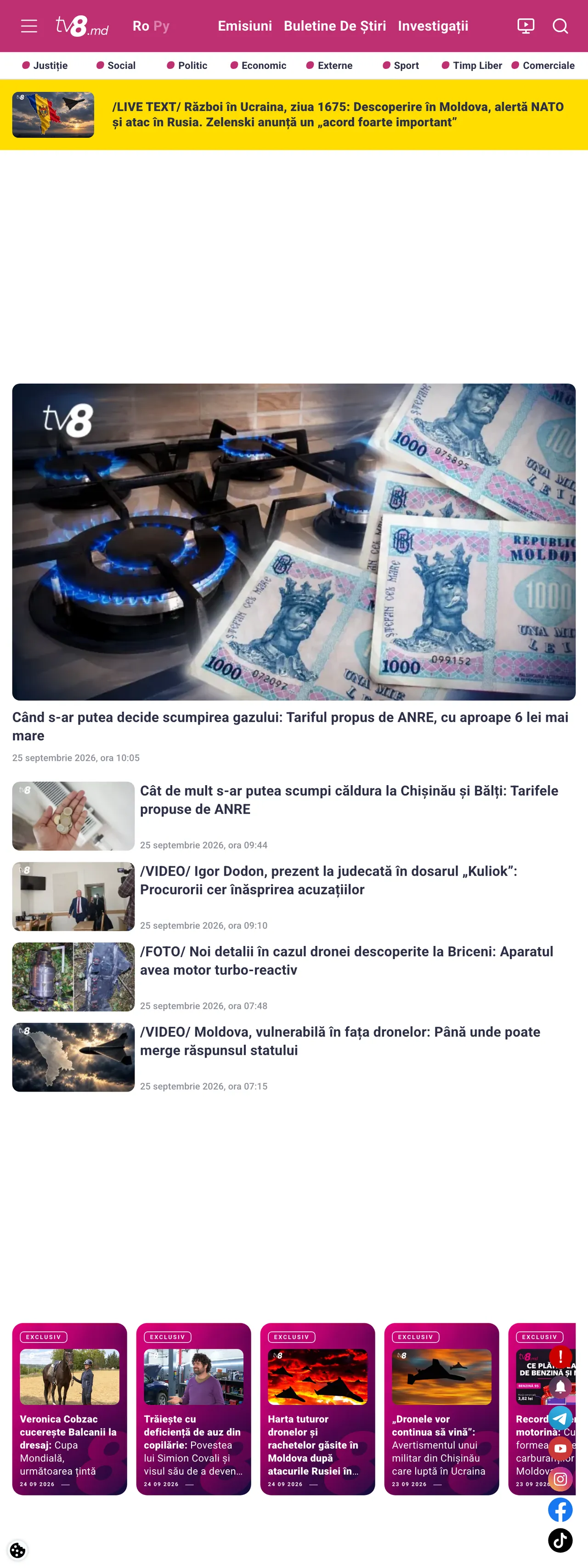 Screenshot of the TV8 front page