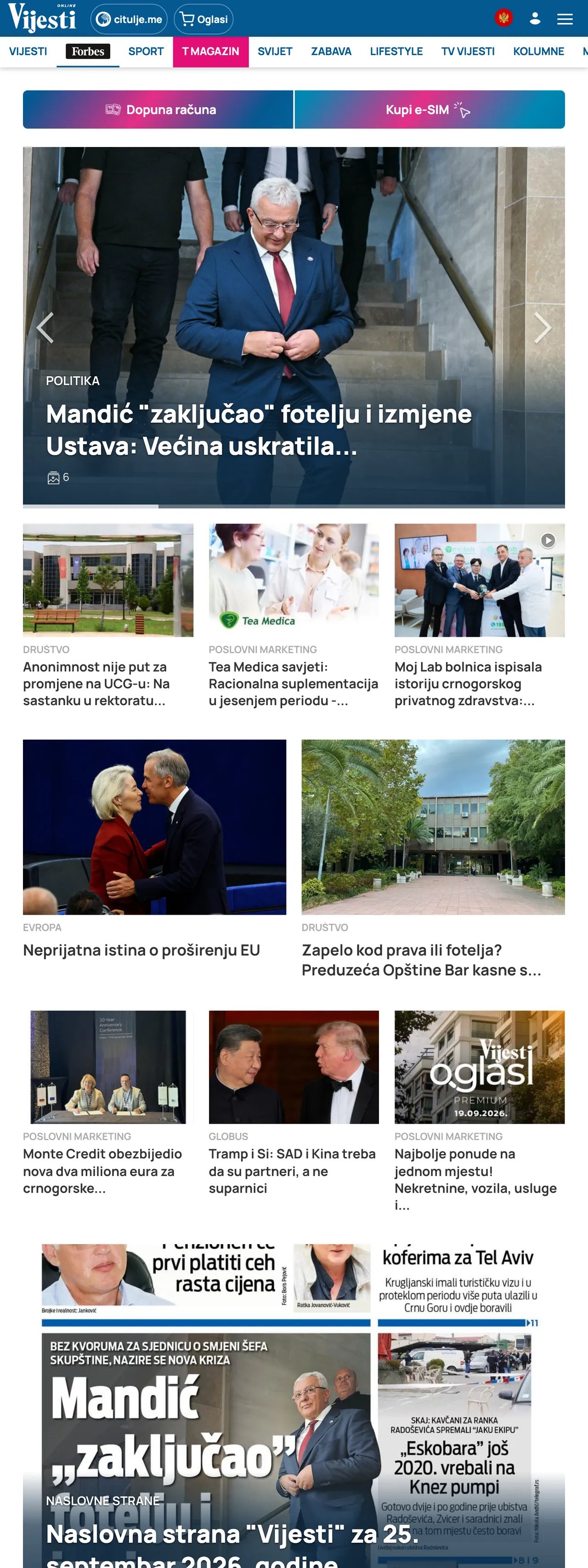 Screenshot of the Vijesti front page