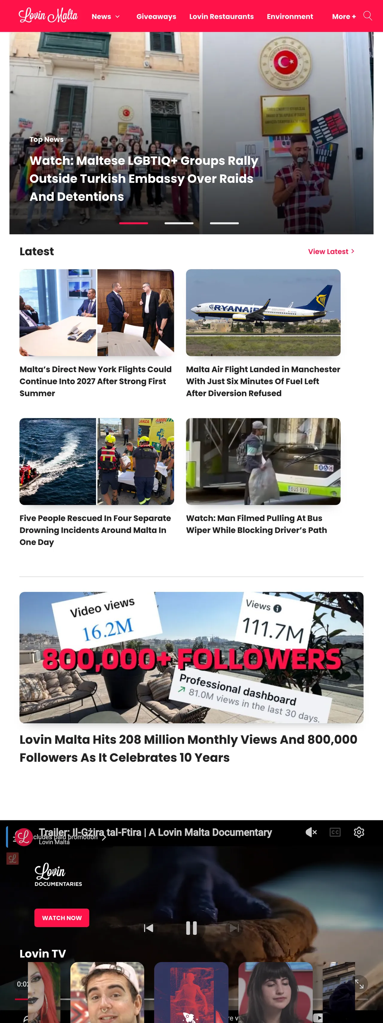 Screenshot of the Lovin Malta front page