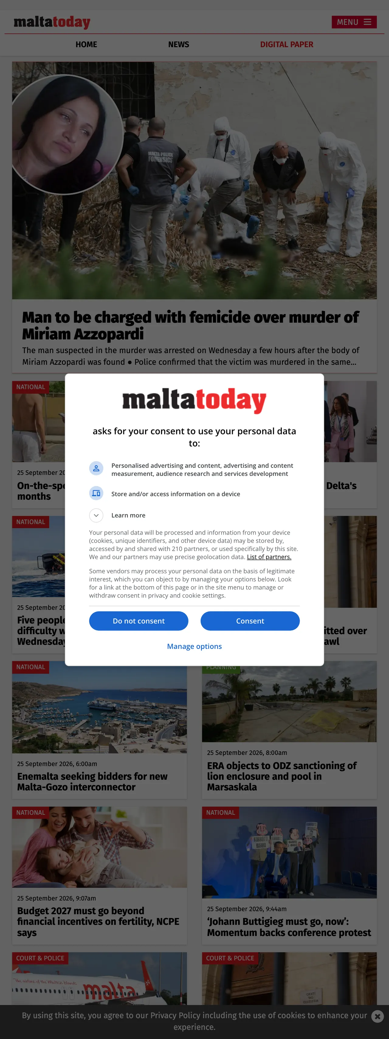 Screenshot of the Malta Today front page