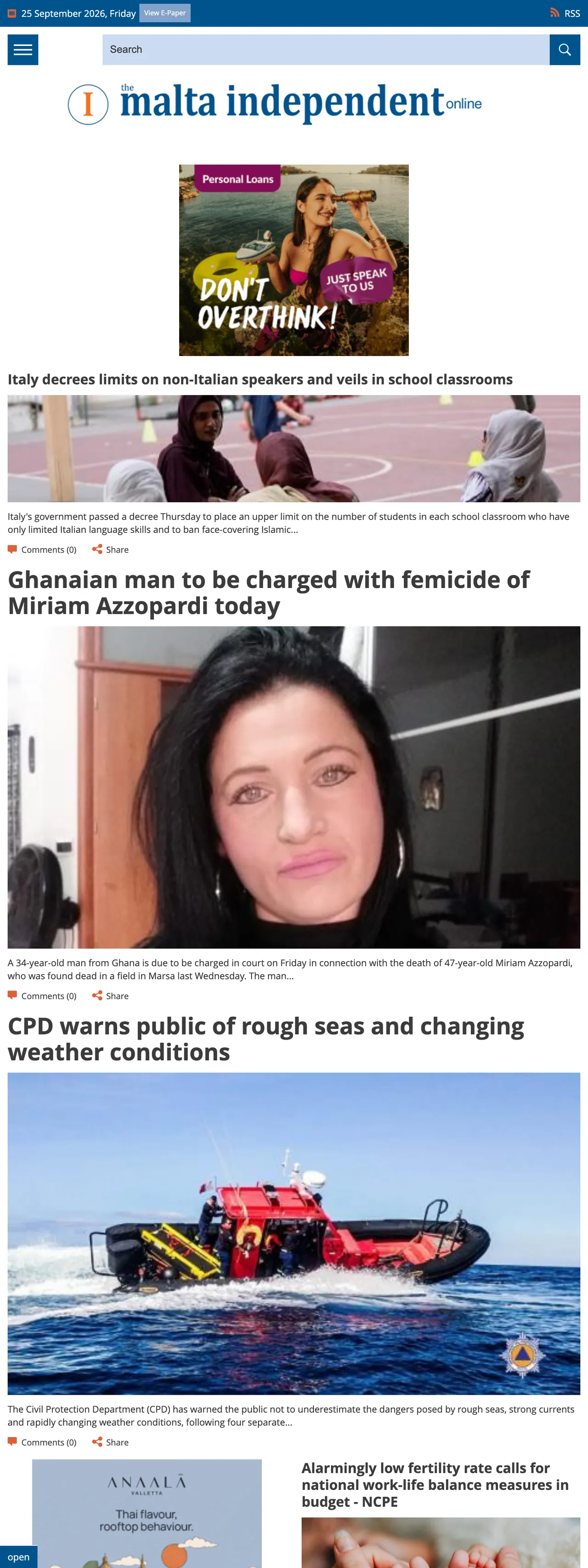Screenshot of the The Malta Independent front page