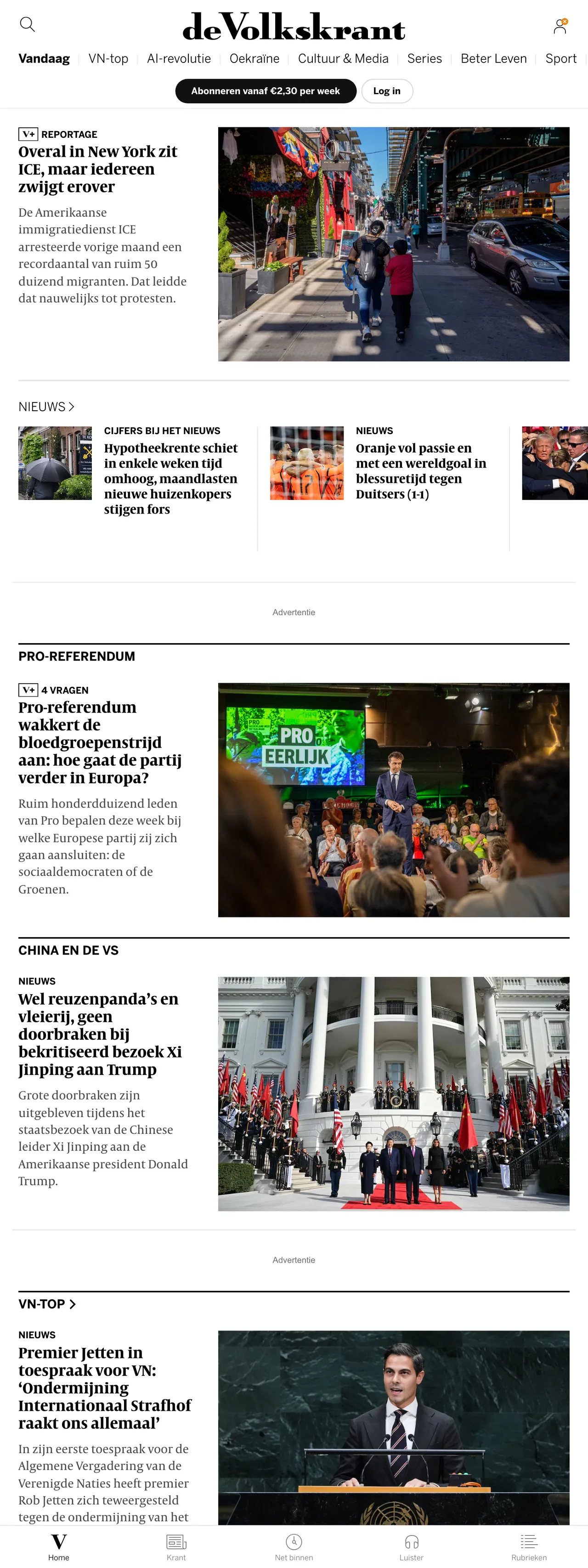 Screenshot of the de Volkskrant front page