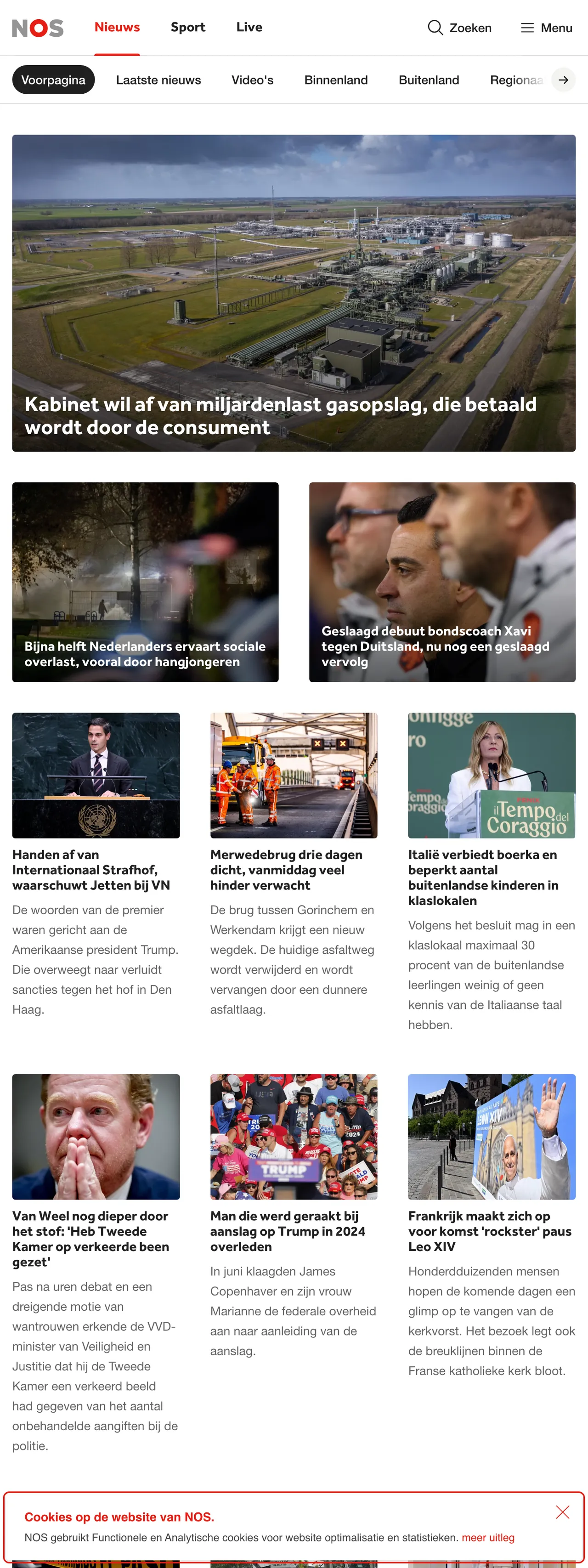 Screenshot of the NOS front page