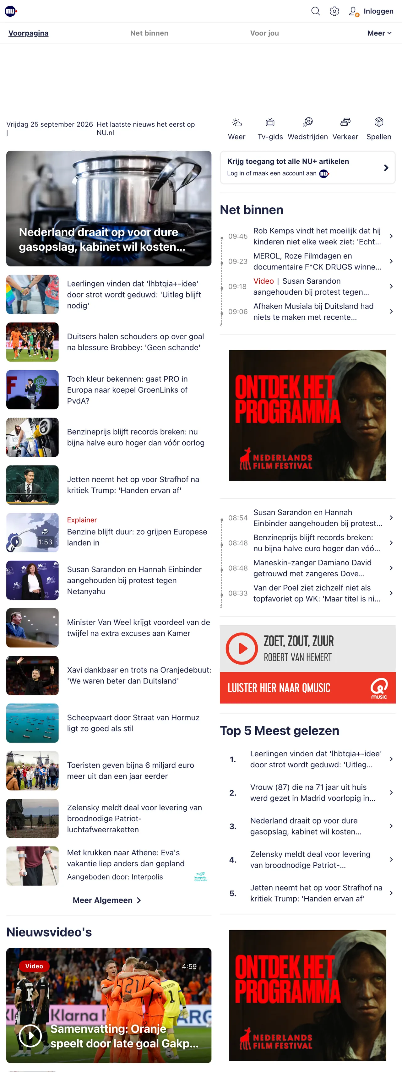 Screenshot of the NU.nl front page