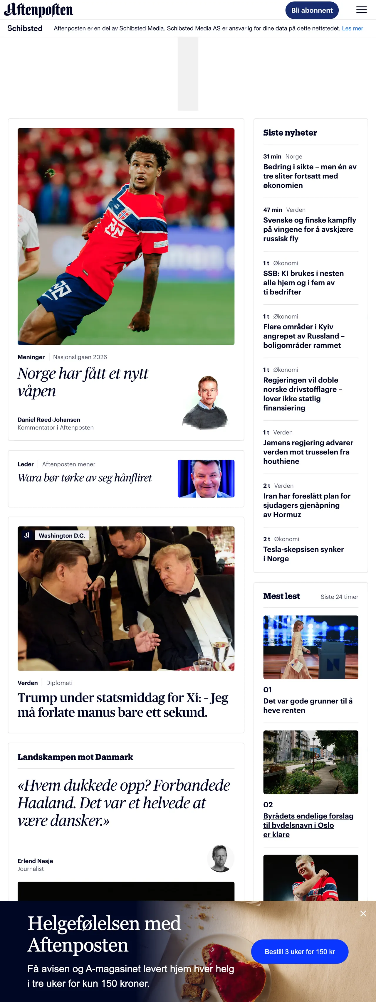 Screenshot of the Aftenposten front page