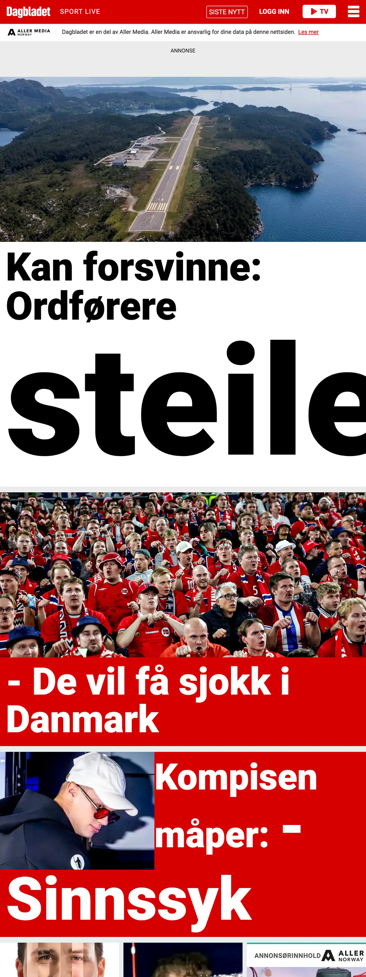 Screenshot of the Dagbladet front page