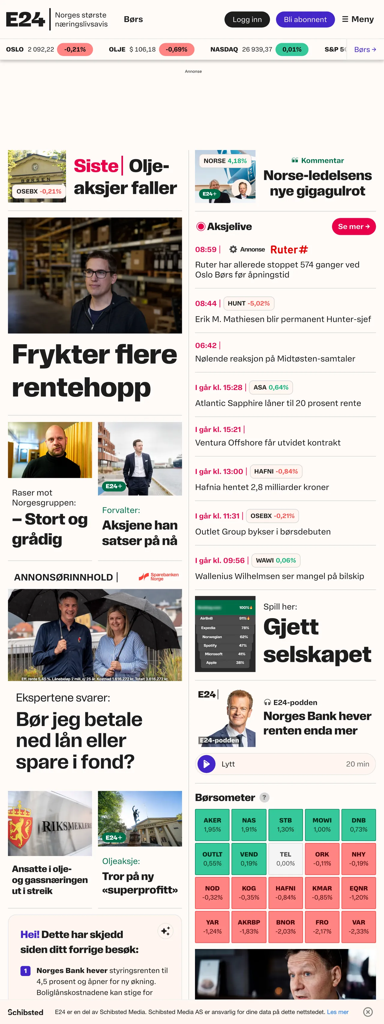 Screenshot of the E24 front page