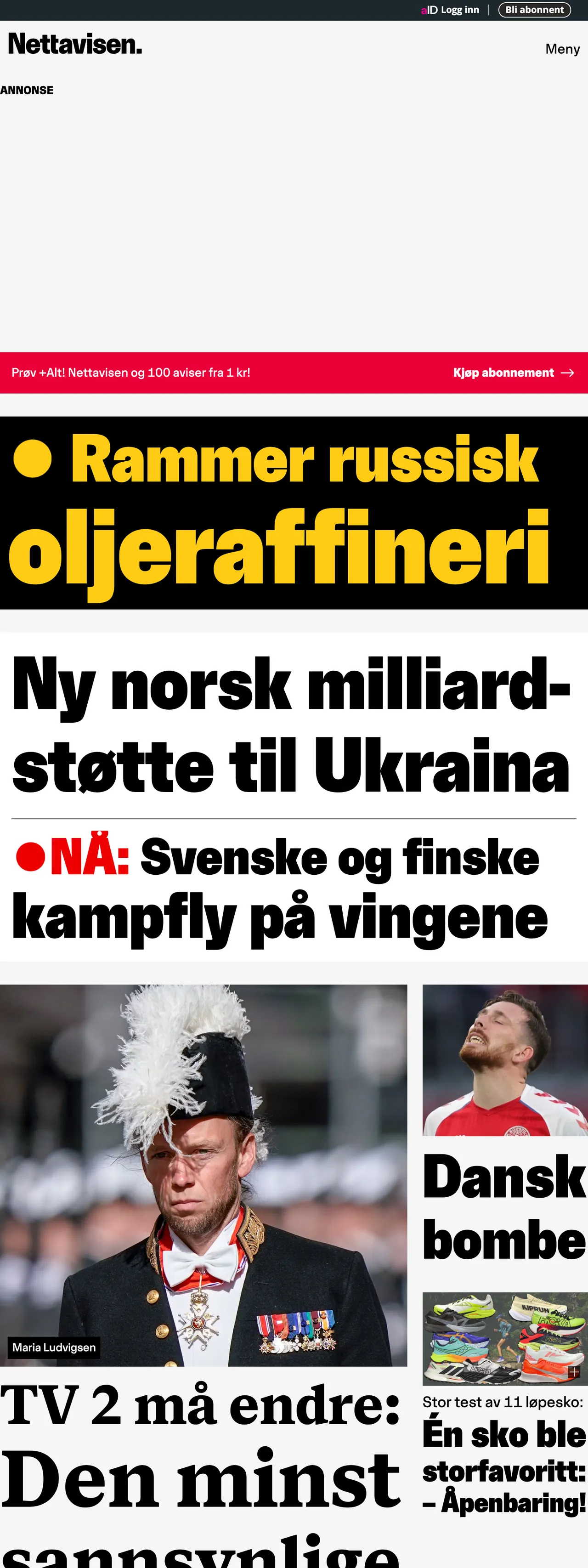 Screenshot of the Nettavisen front page