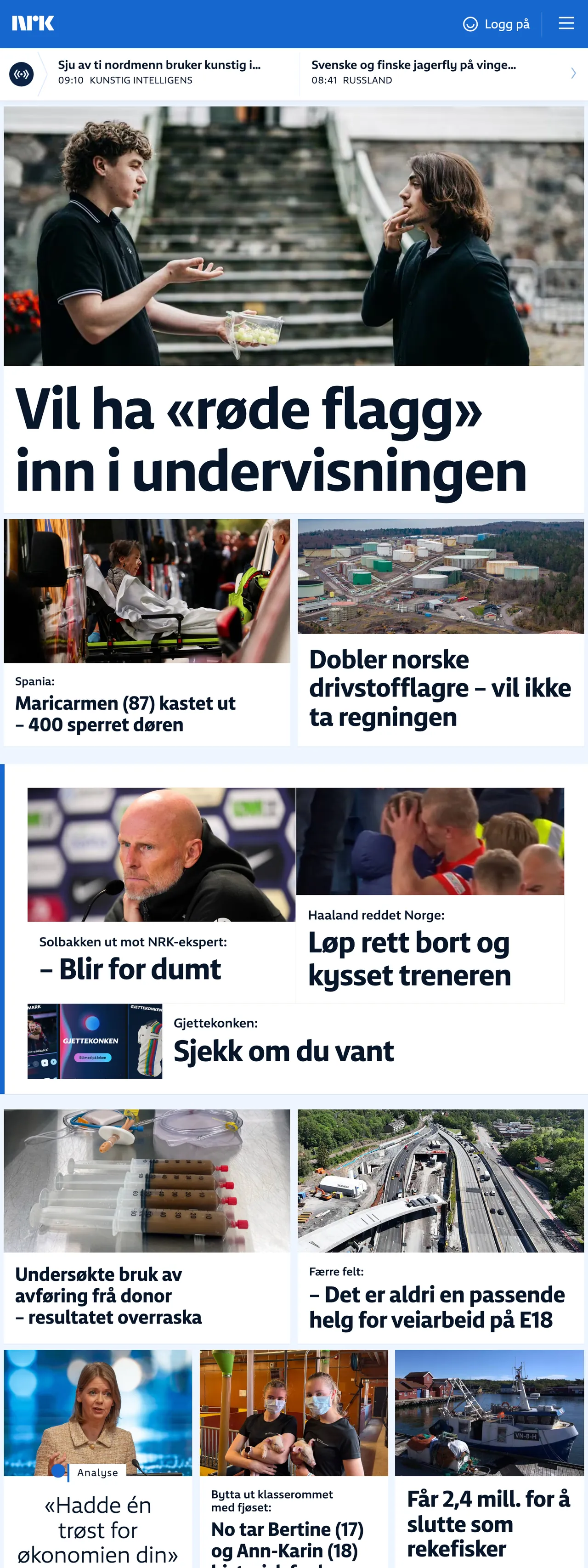 Screenshot of the NRK front page