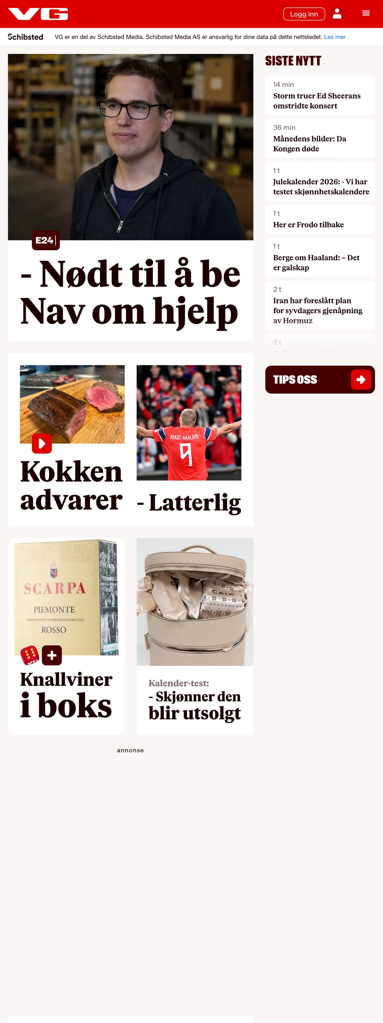 Screenshot of the VG front page