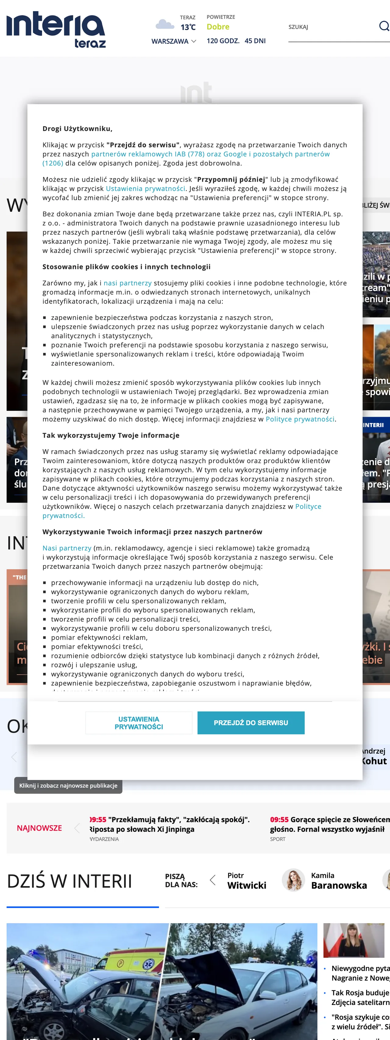 Screenshot of the Interia front page