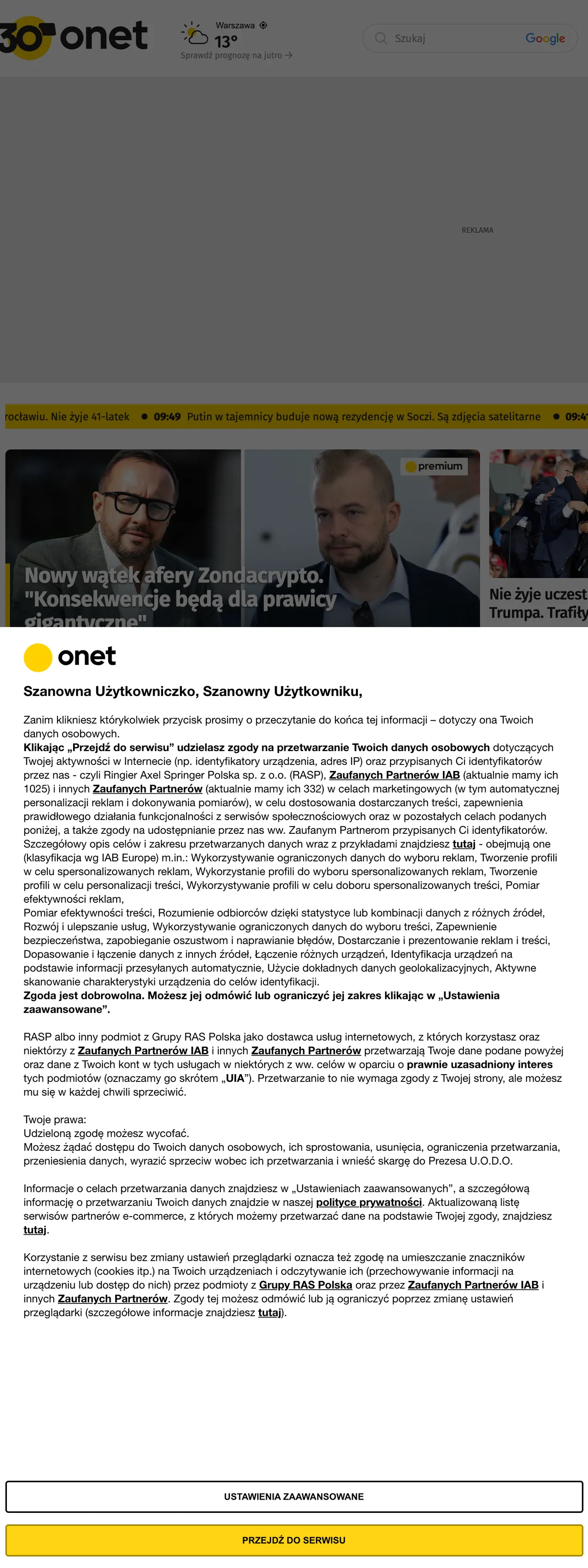 Screenshot of the Onet front page