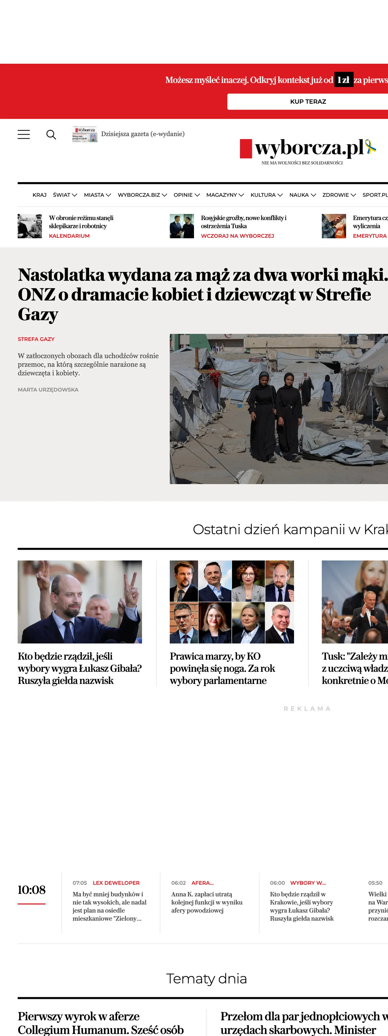 Screenshot of the Wyborcza front page