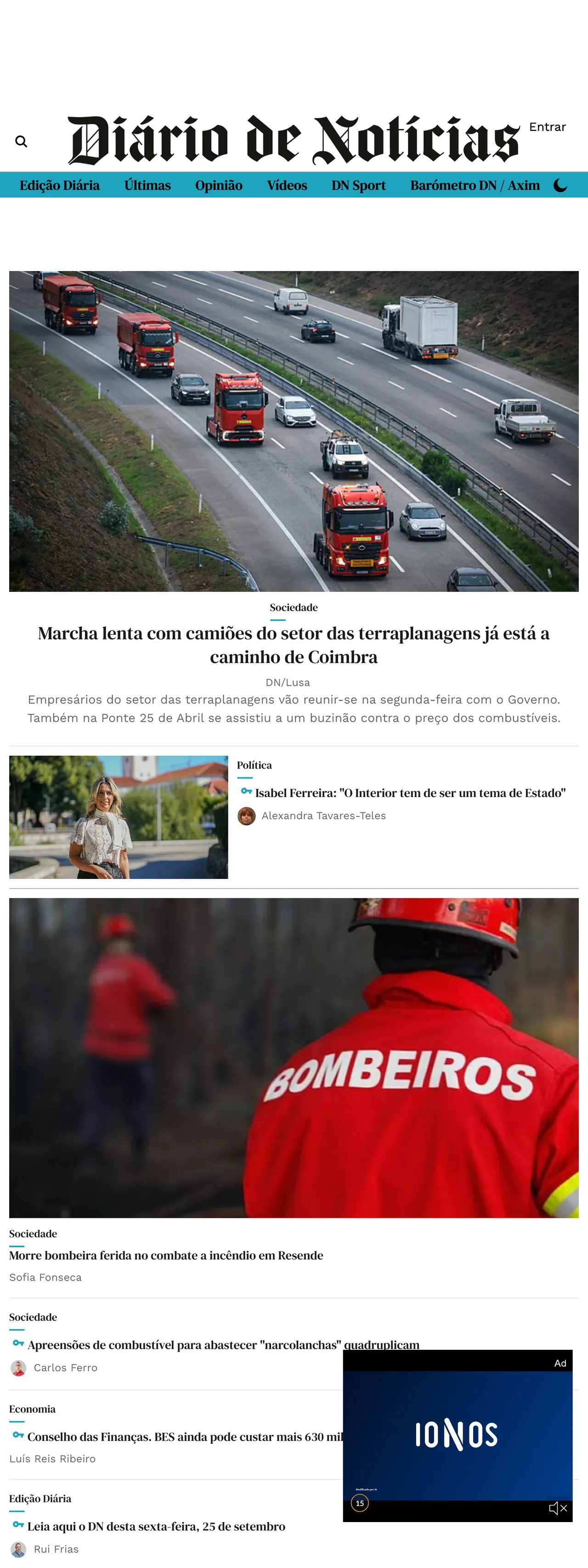 Screenshot of the Diário de Notícias front page