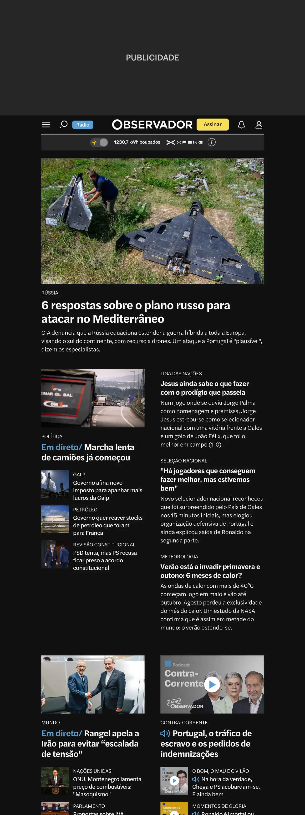 Screenshot of the Observador front page