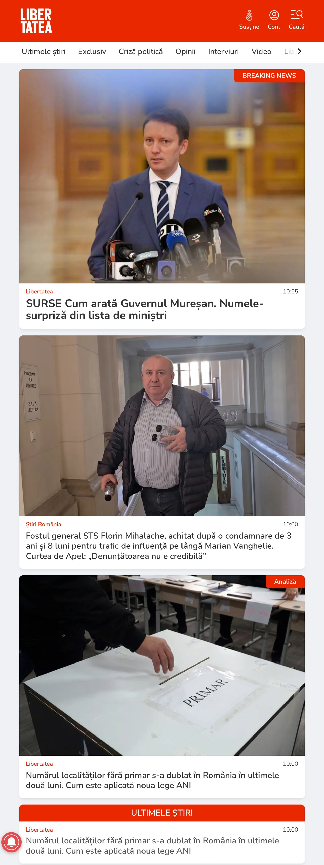 Screenshot of the Libertatea front page