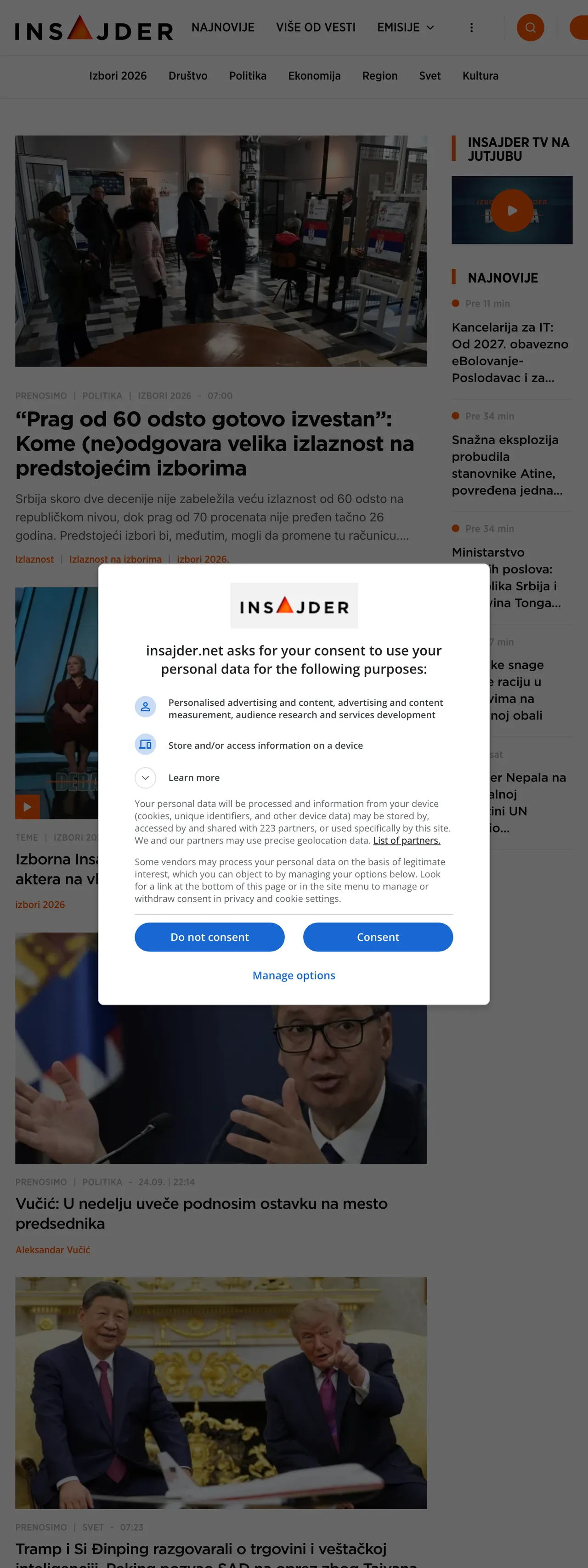 Screenshot of the Insajder front page