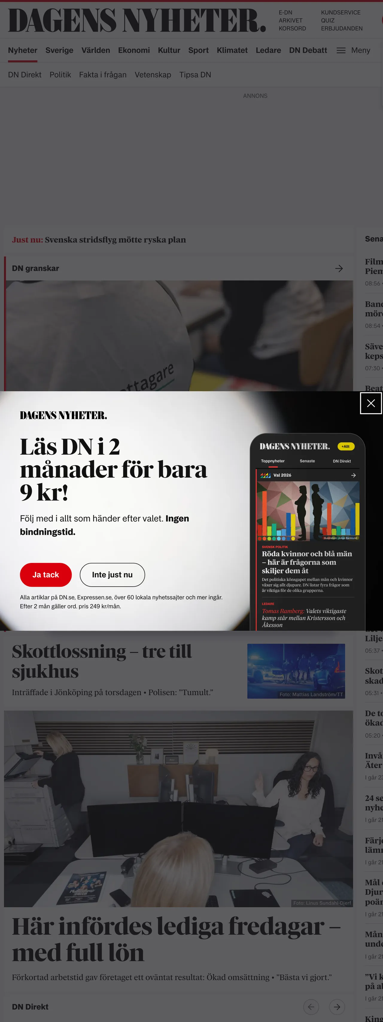 Screenshot of the Dagens Nyheter front page