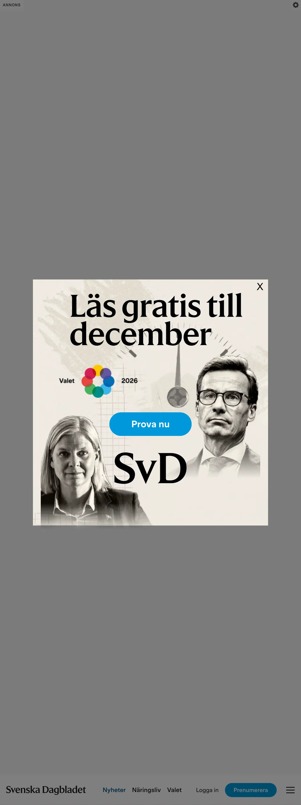 Screenshot of the Svenska Dagbladet front page