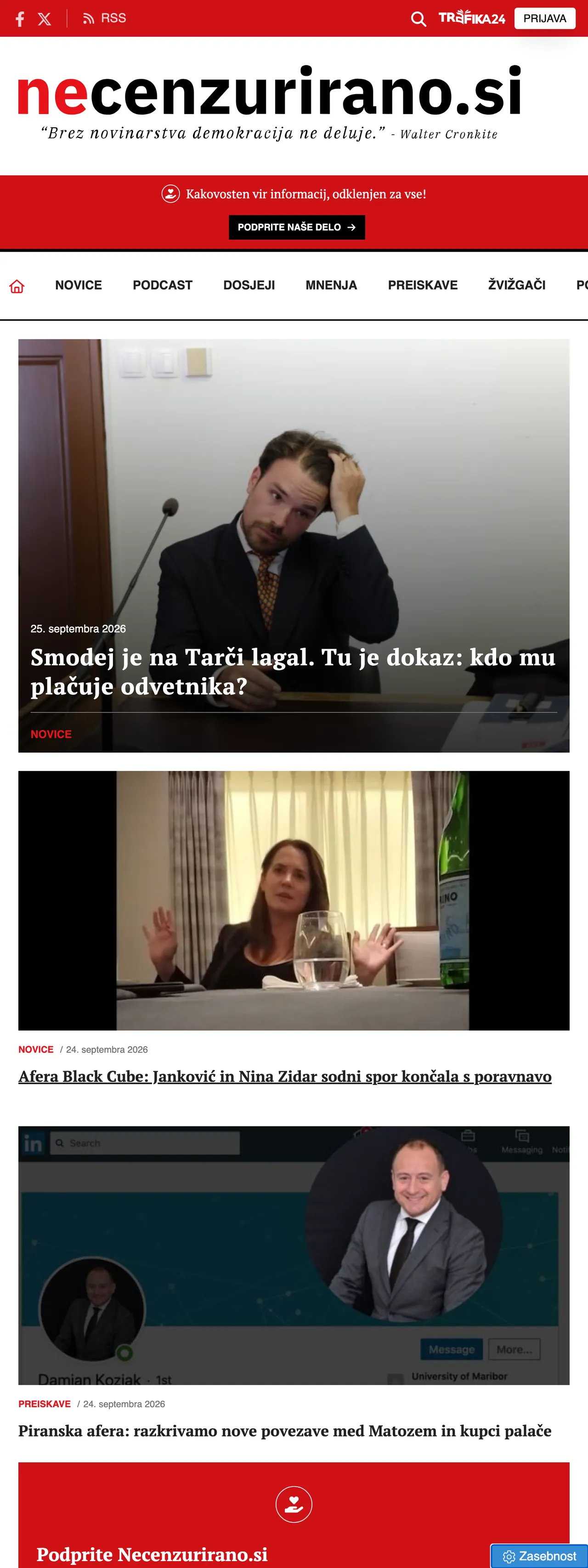 Screenshot of the Necenzurirano front page