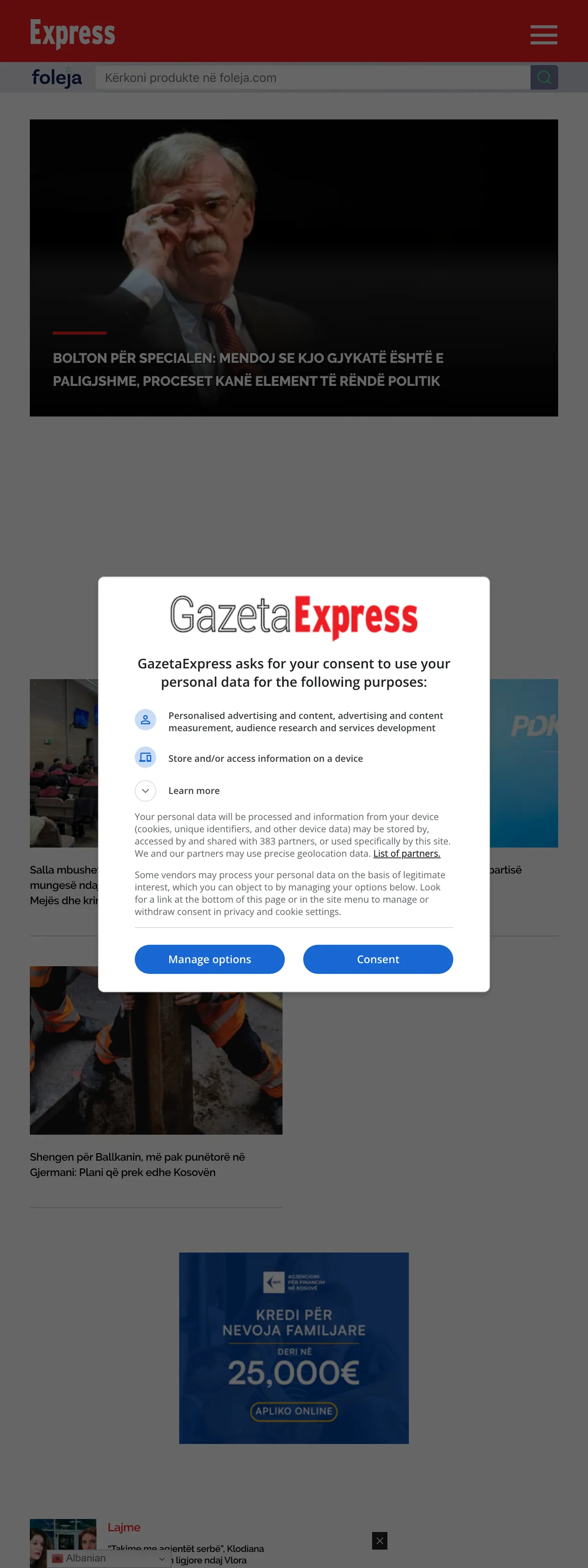 Screenshot of the Gazeta Express front page