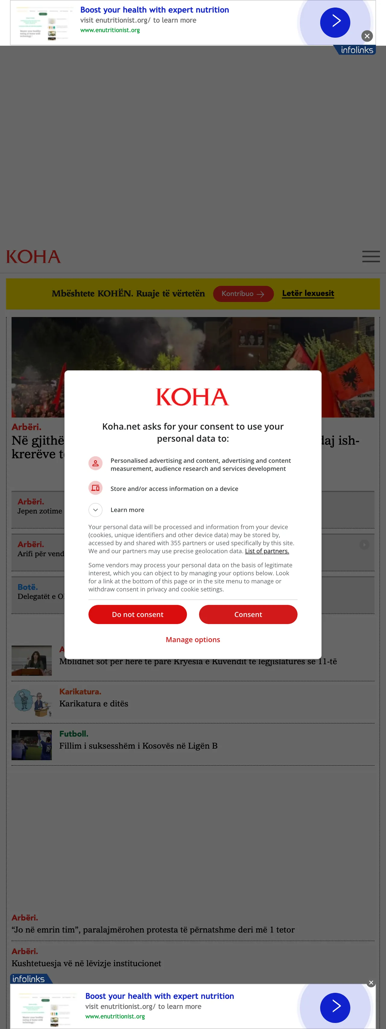 Screenshot of the Koha Ditore front page