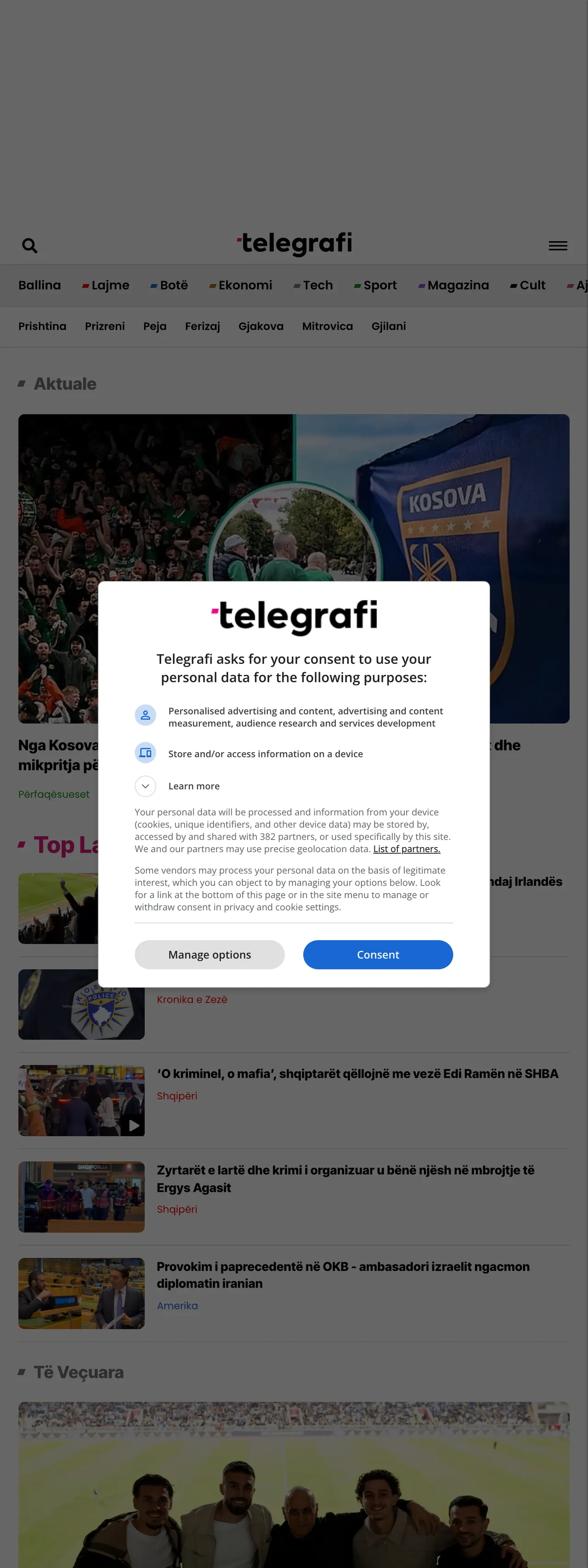 Screenshot of the Telegrafi front page