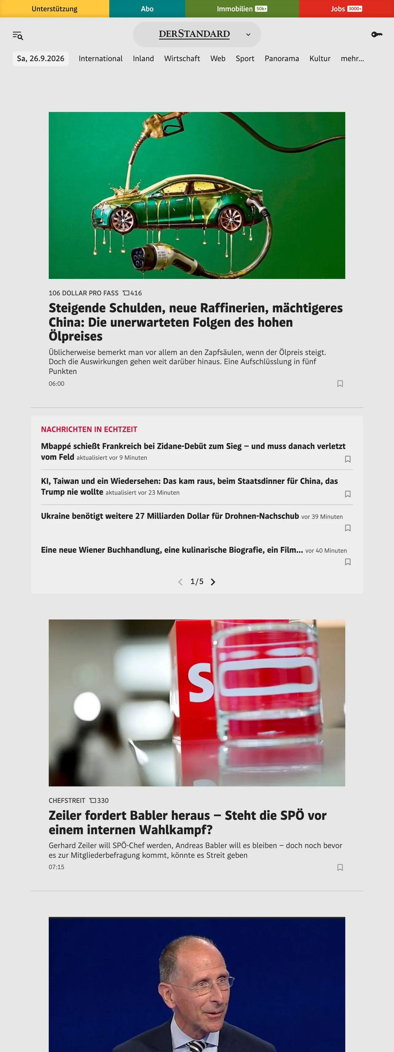 Screenshot of the DER STANDARD front page