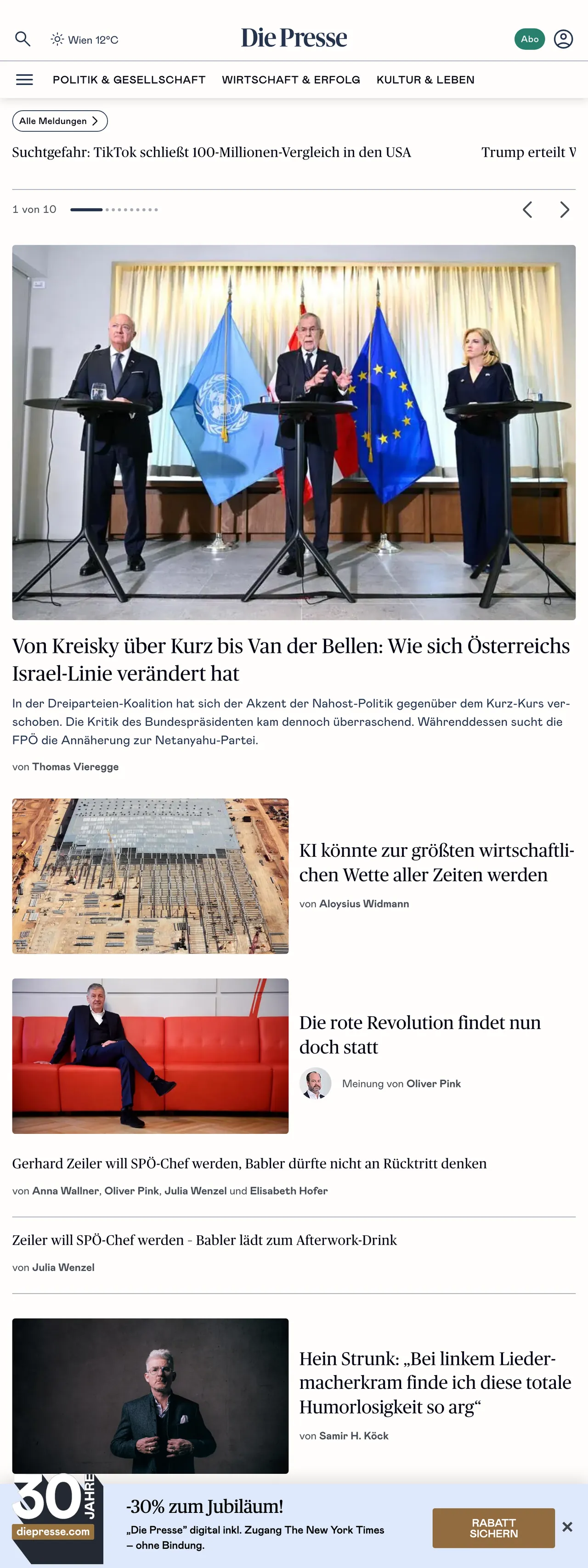 Screenshot of the Die Presse front page