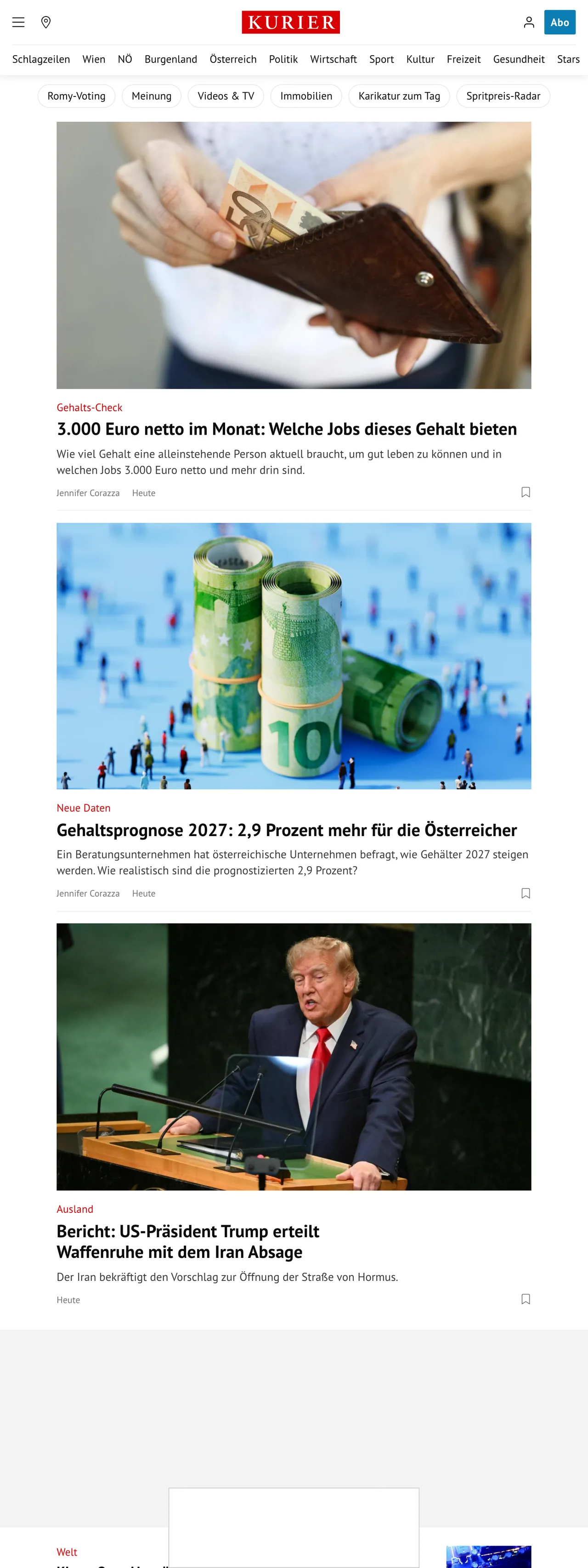 Screenshot of the Kurier front page