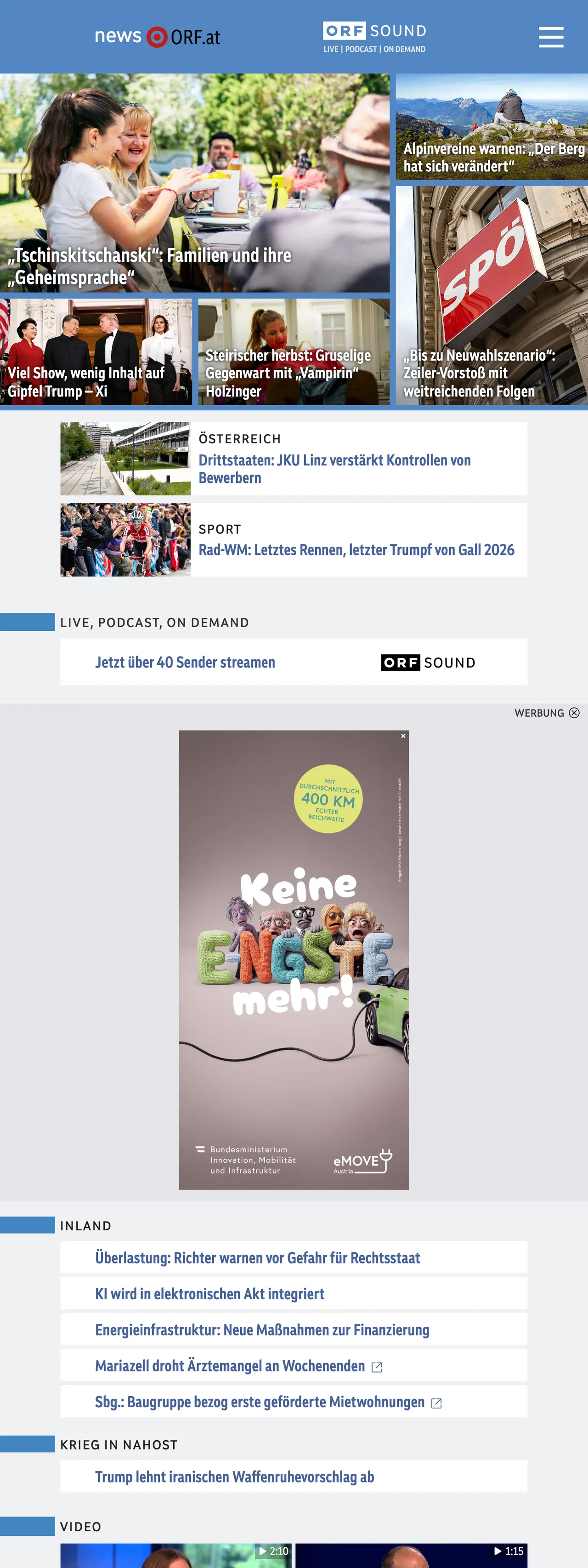 Screenshot of the ORF front page